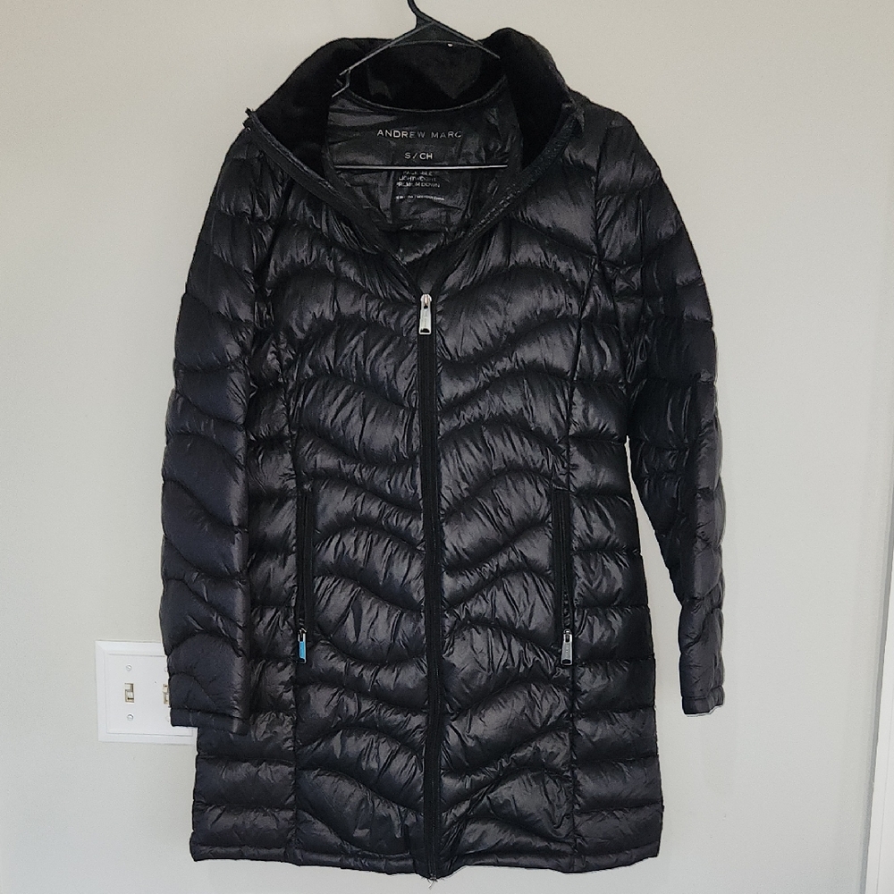 Black Andrew Marc Down Filled Puffer Jacket sz Small packable winter parka coat